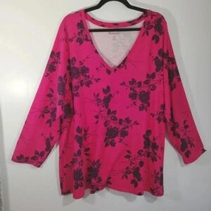 CLEARANCE Roamans L Top Pink Berry Floral Black Rose Print Comfy Plus Size 2X